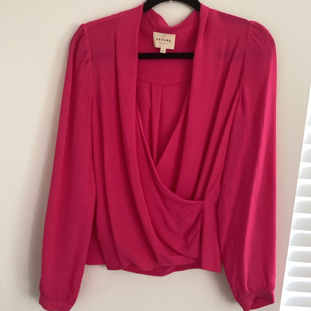 Sezane Vibrant Pink Draped V-Neck Blouse - Picture 2 of 4